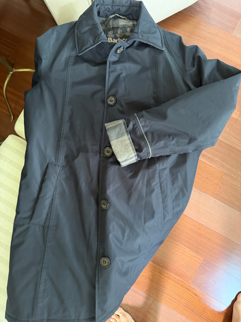 Barbour Navy Waterproof Unisex Raincoat Tartan Plaid Size 6